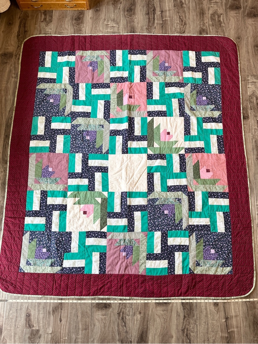Handmade Floral Patchwork Quilt in Dusty Pink, Green, Navy, White